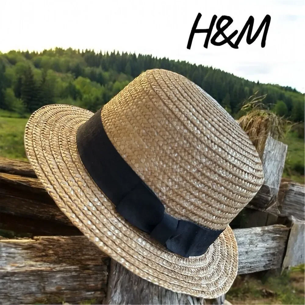 H&M Women’s Straw Hat Beige Black Band Flat Bow 2